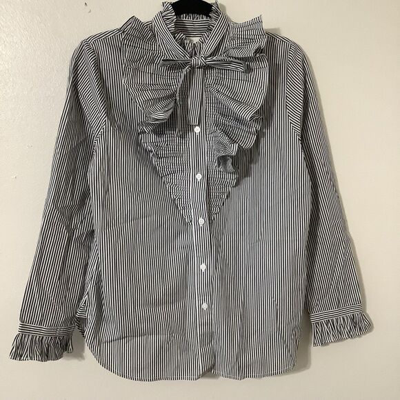 J.Crew Maximalist Striped Ruffle Cotton Twee Work Preppy Button Down Bow Shirt 6 - Picture 1 of 12